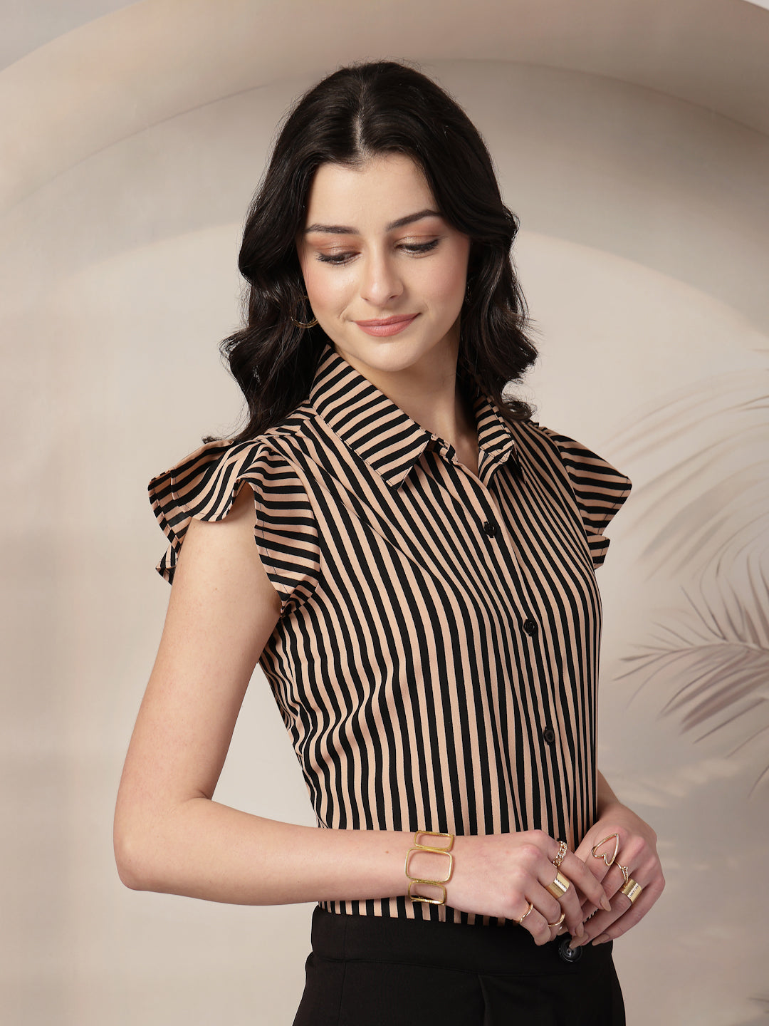Style Quotient Women Nude Black Stripe Polycrepe Formal Shirt-Shirts-StyleQuotient