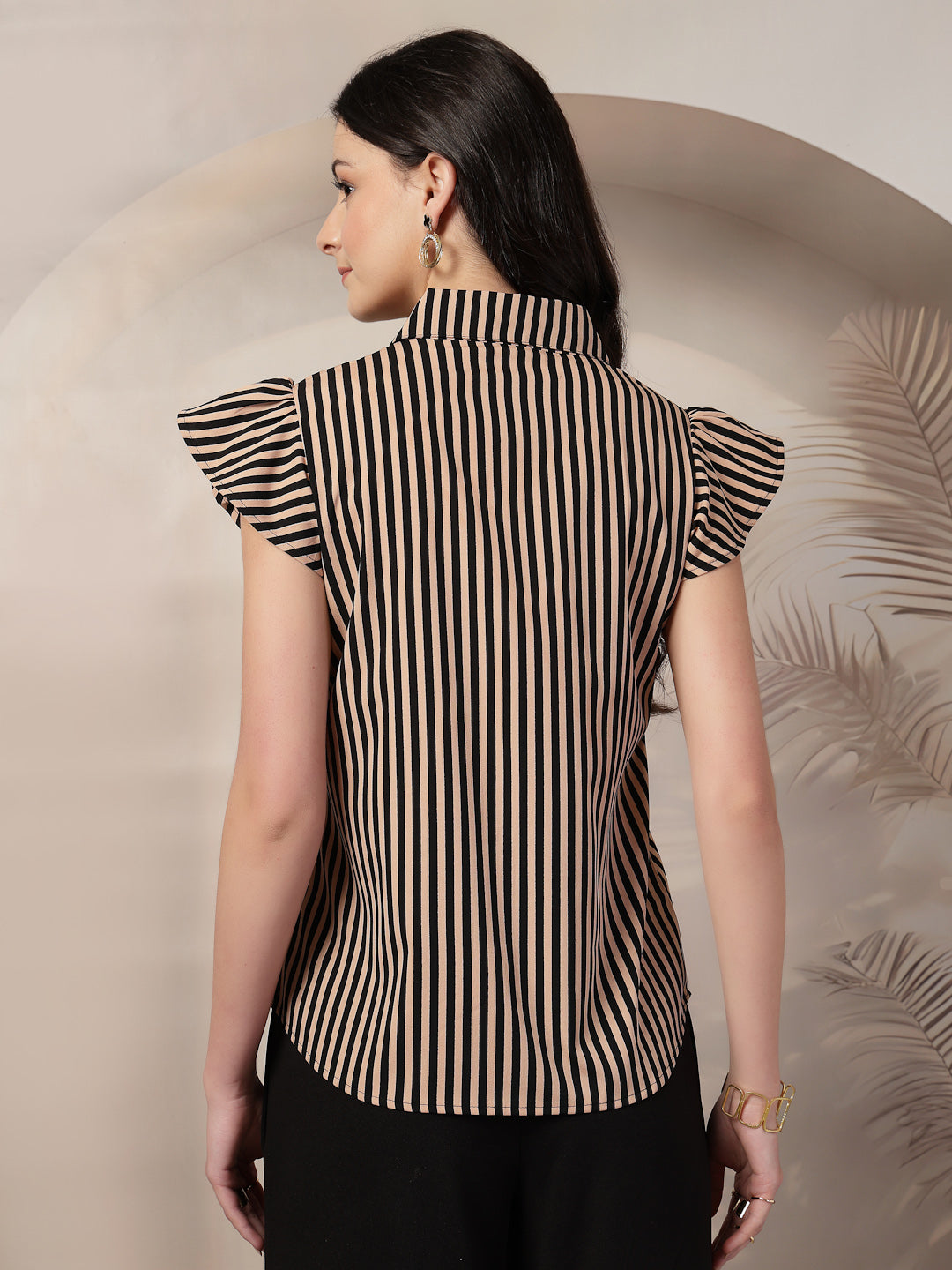 Style Quotient Women Nude Black Stripe Polycrepe Formal Shirt-Shirts-StyleQuotient
