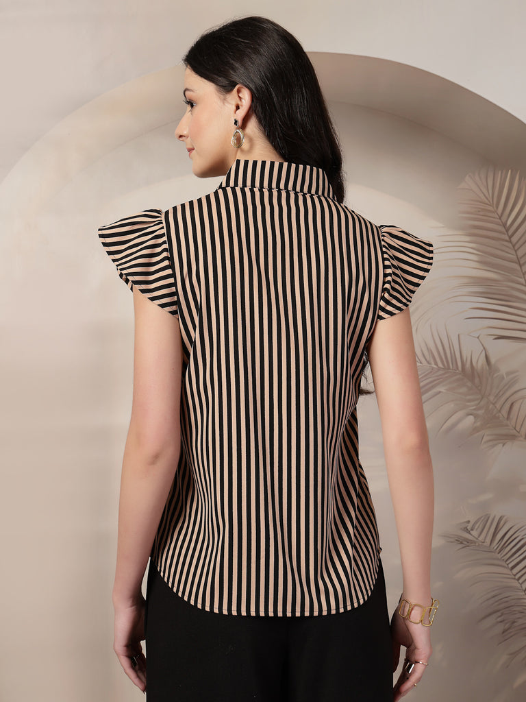 Style Quotient Women Nude Black Stripe Polycrepe Formal Shirt-Shirts-StyleQuotient