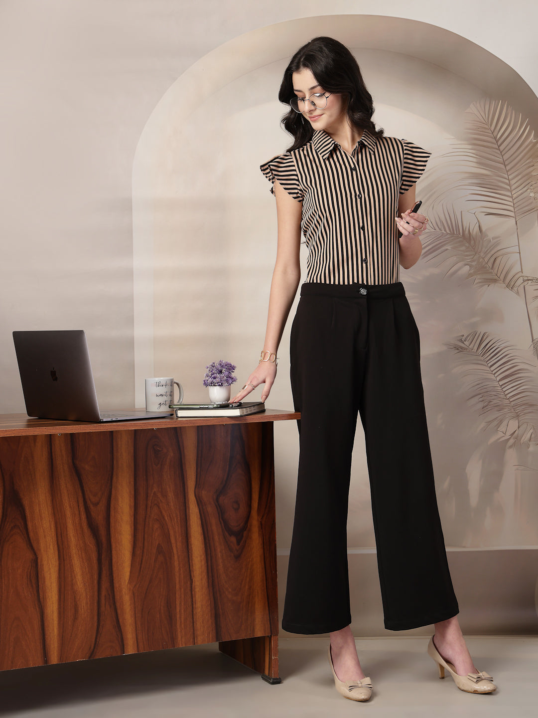 Style Quotient Women Nude Black Stripe Polycrepe Formal Shirt-Shirts-StyleQuotient