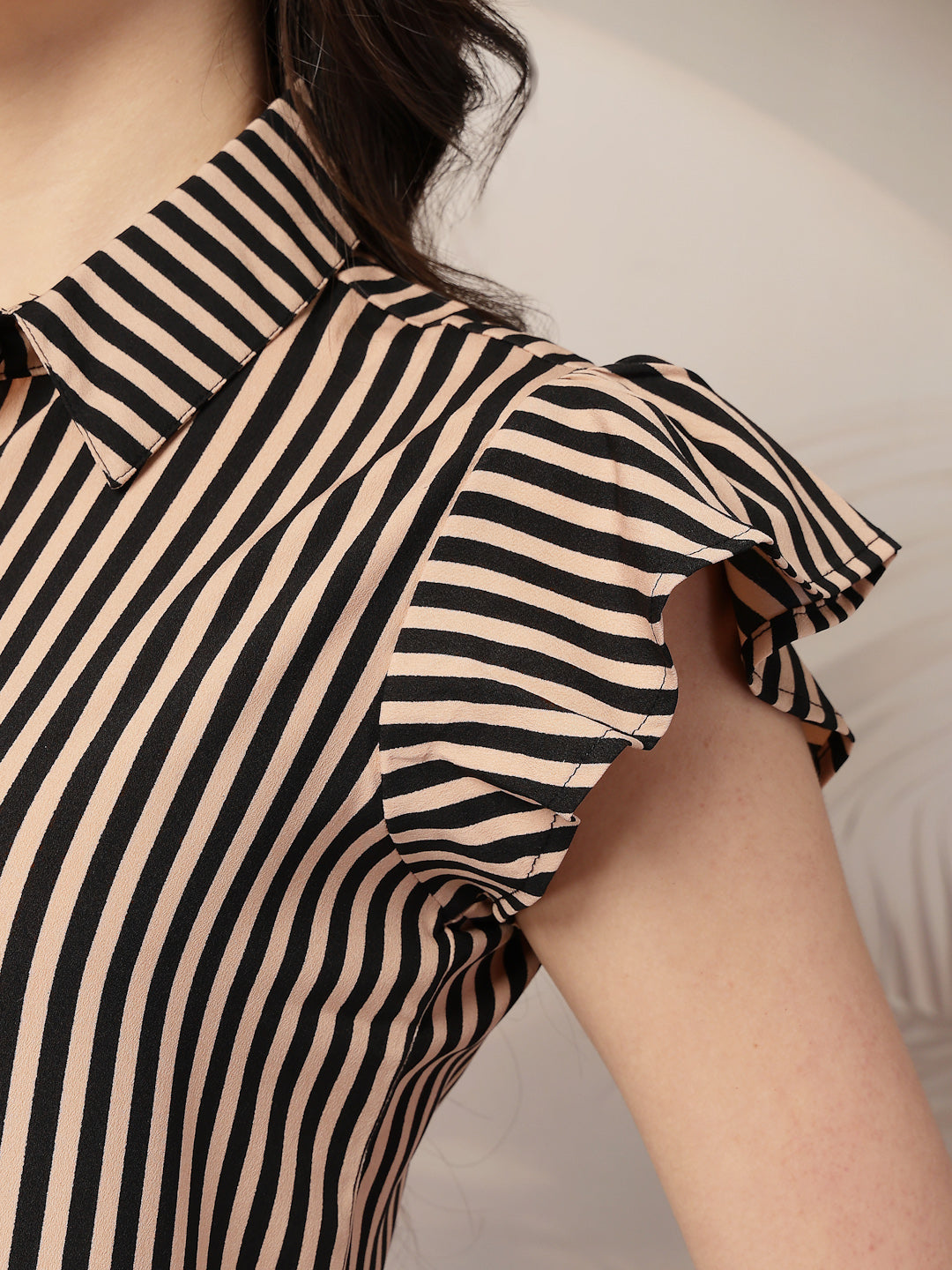Style Quotient Women Nude Black Stripe Polycrepe Formal Shirt-Shirts-StyleQuotient