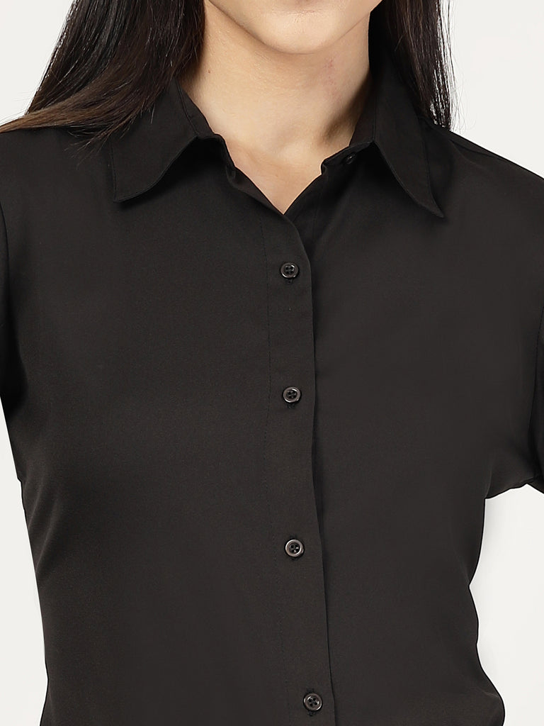 Style Quotient Women Solid Black Polymoss Formal Shirt-Shirts-StyleQuotient