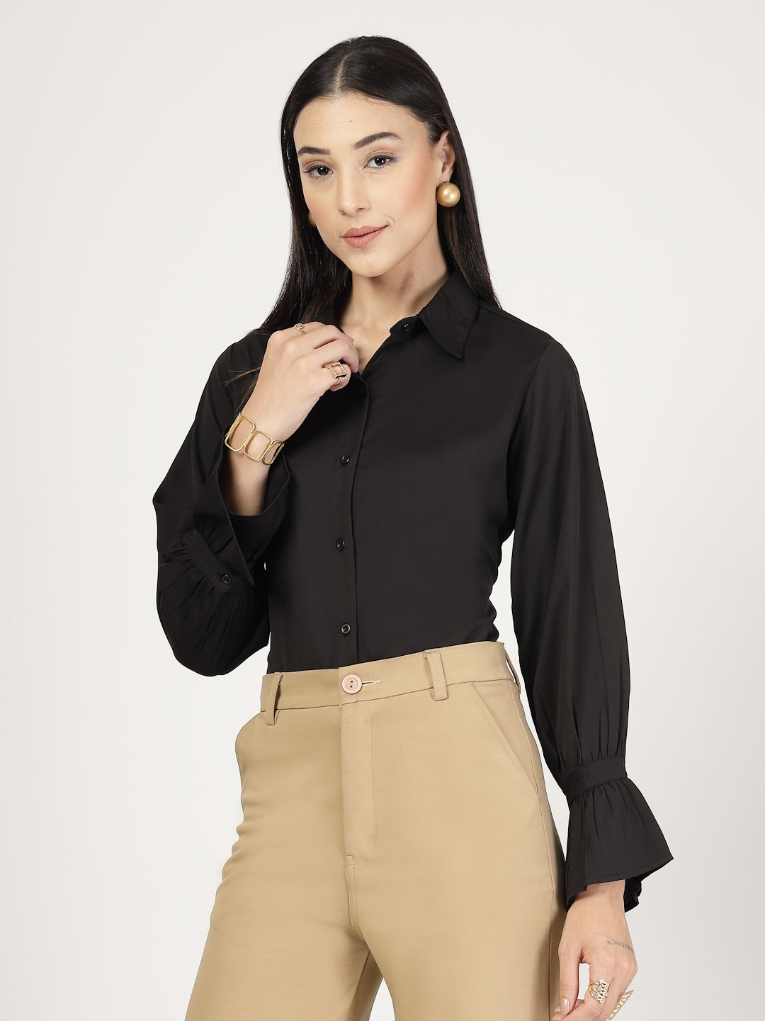 Style Quotient Women Solid Black Polymoss Formal Shirt-Shirts-StyleQuotient