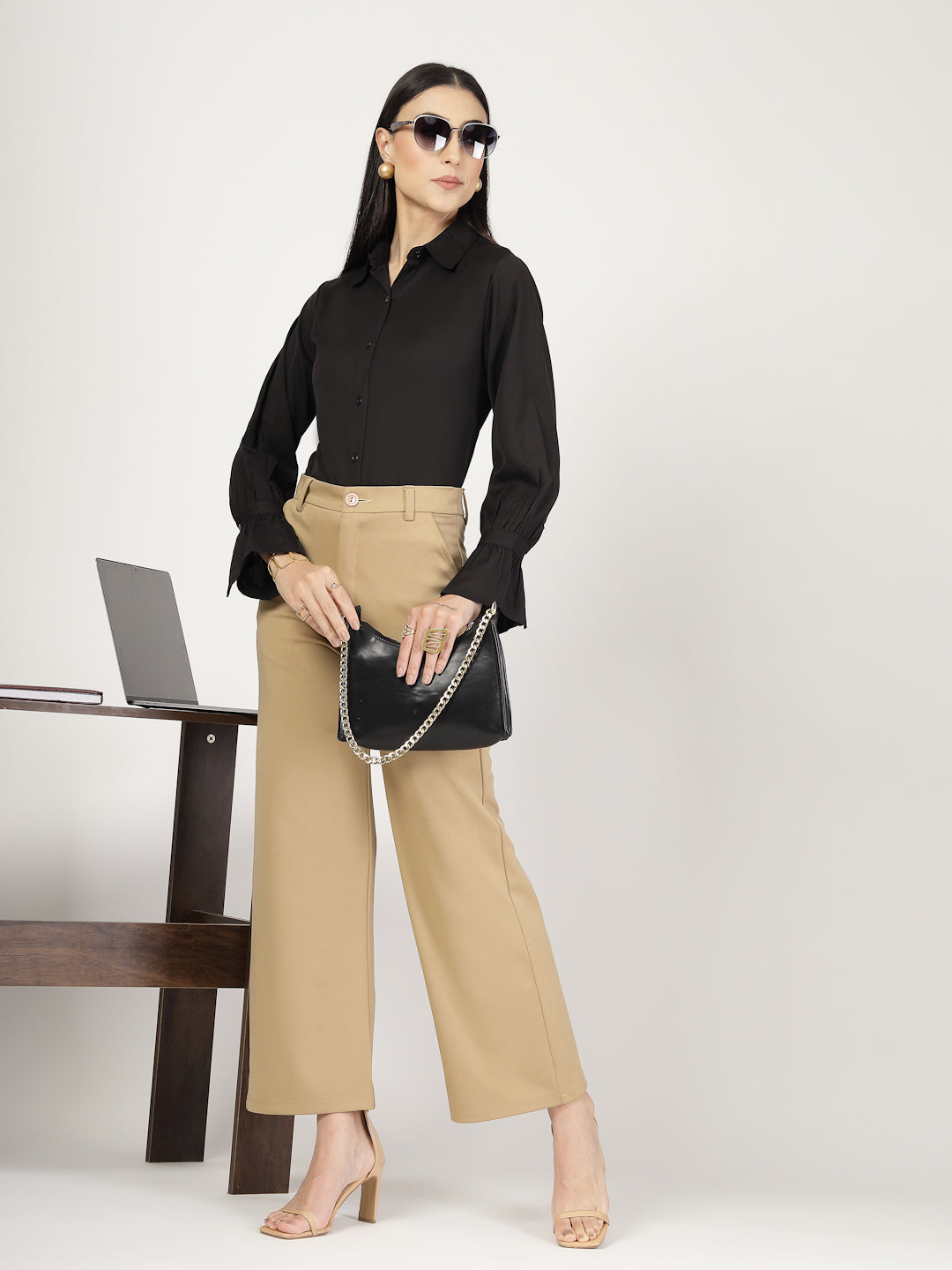 Style Quotient Women Solid Black Polymoss Formal Shirt-Shirts-StyleQuotient