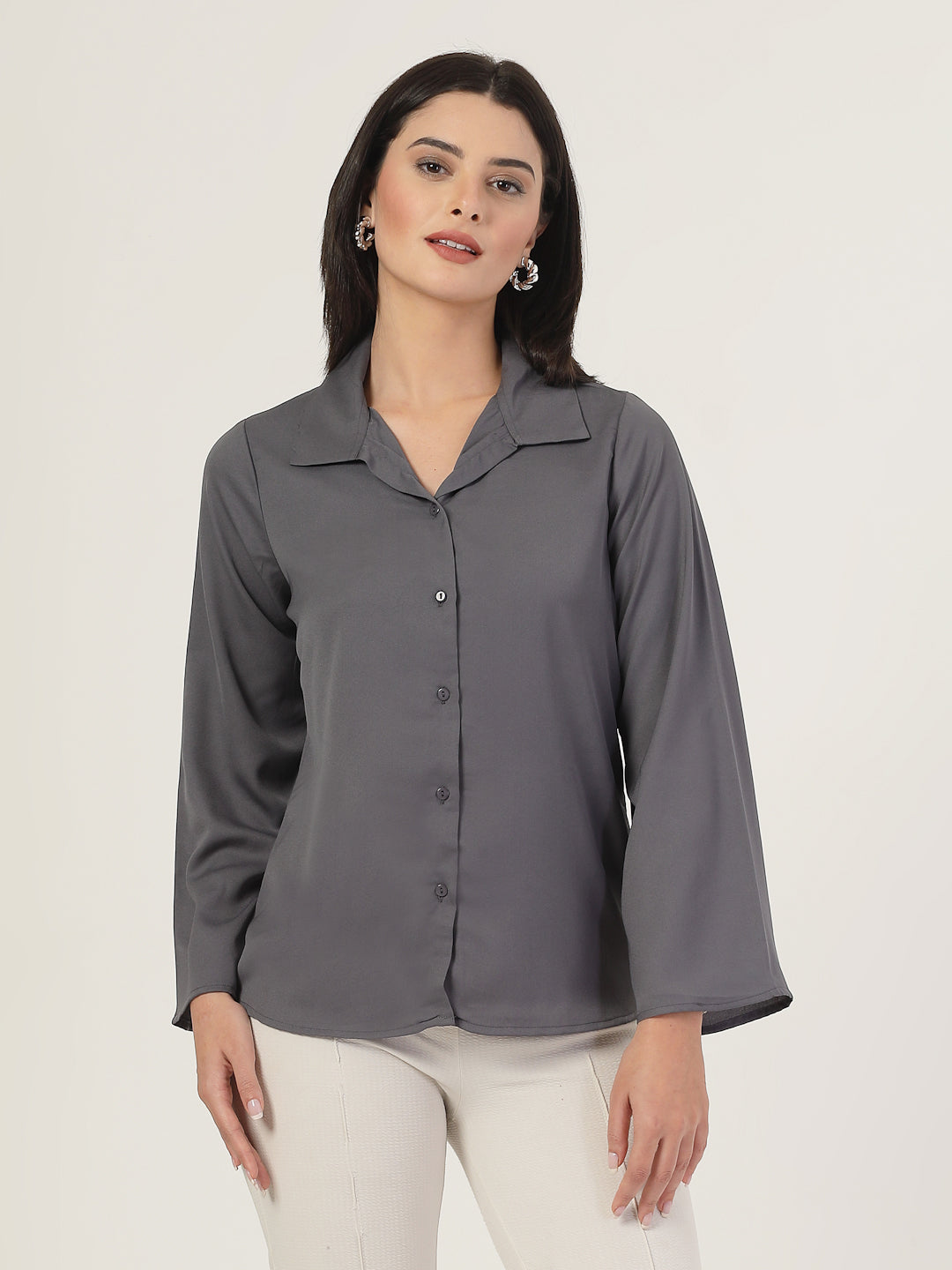 Style Quotient Women Solid Grey Polymoss Formal Shirt-Shirts-StyleQuotient