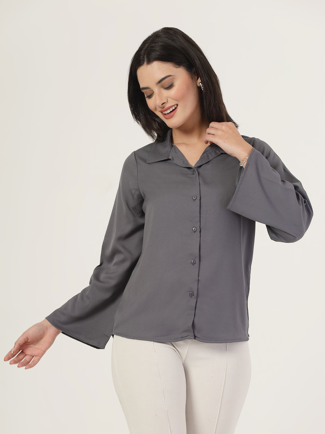 Style Quotient Women Solid Grey Polymoss Formal Shirt-Shirts-StyleQuotient