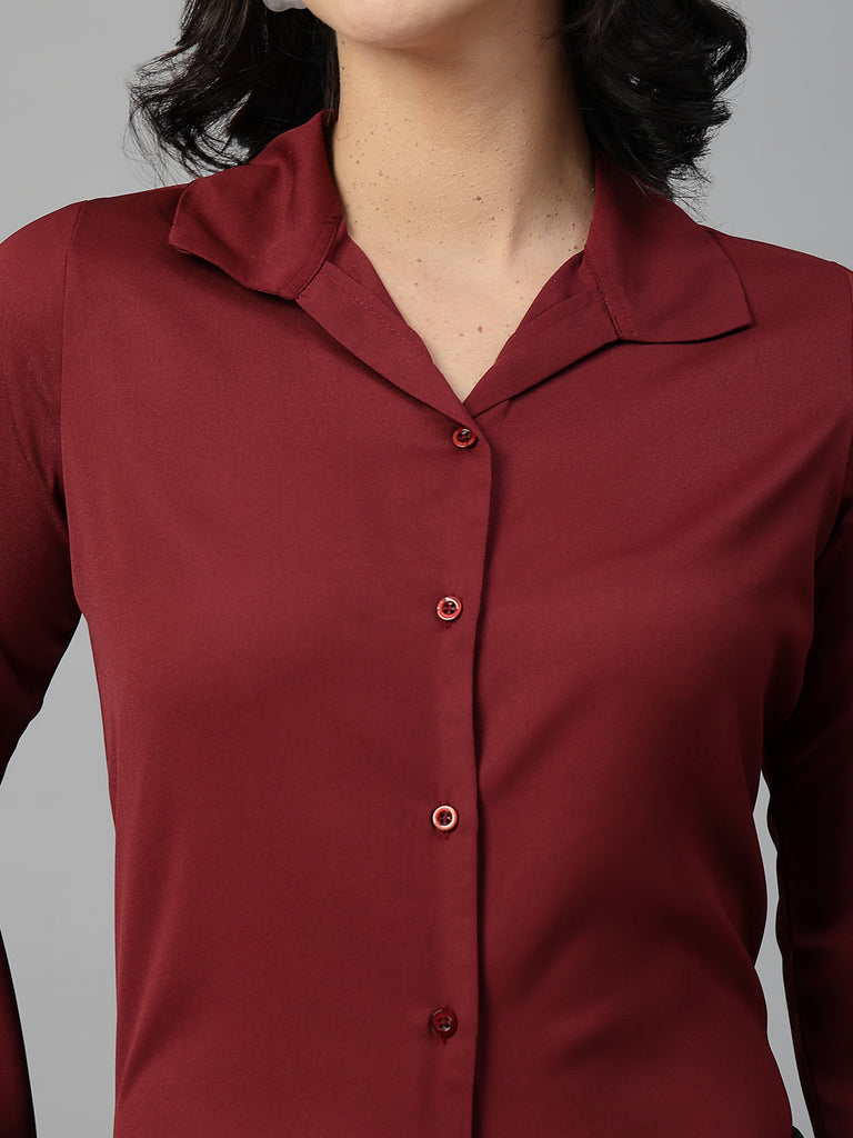 Style Quotient Women Solid Maroon Polymoss Formal Shirt-Shirts-StyleQuotient