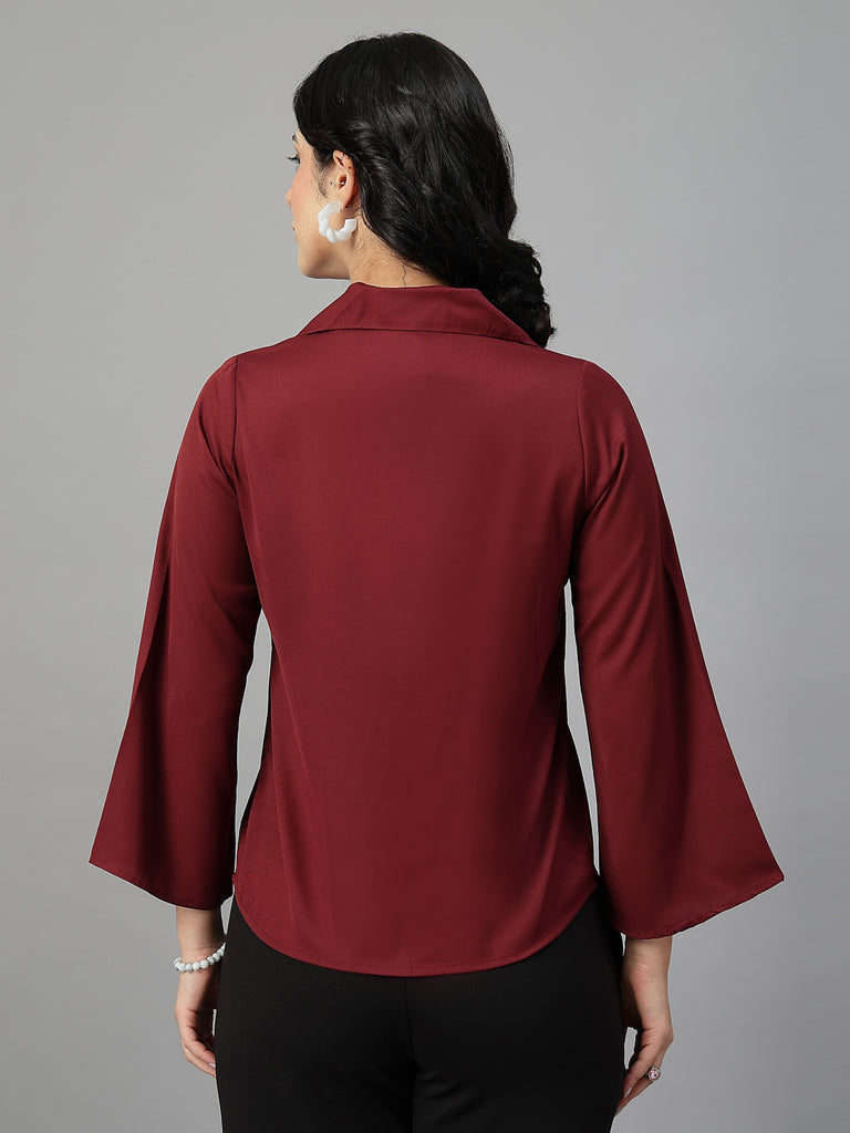 Style Quotient Women Solid Maroon Polymoss Formal Shirt-Shirts-StyleQuotient