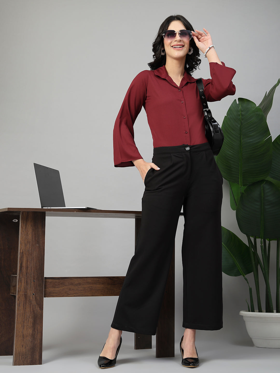 Style Quotient Women Solid Maroon Polymoss Formal Shirt-Shirts-StyleQuotient