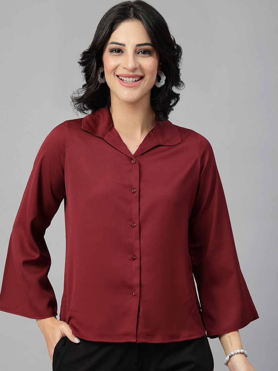 Style Quotient Women Solid Maroon Polymoss Formal Shirt-Shirts-StyleQuotient