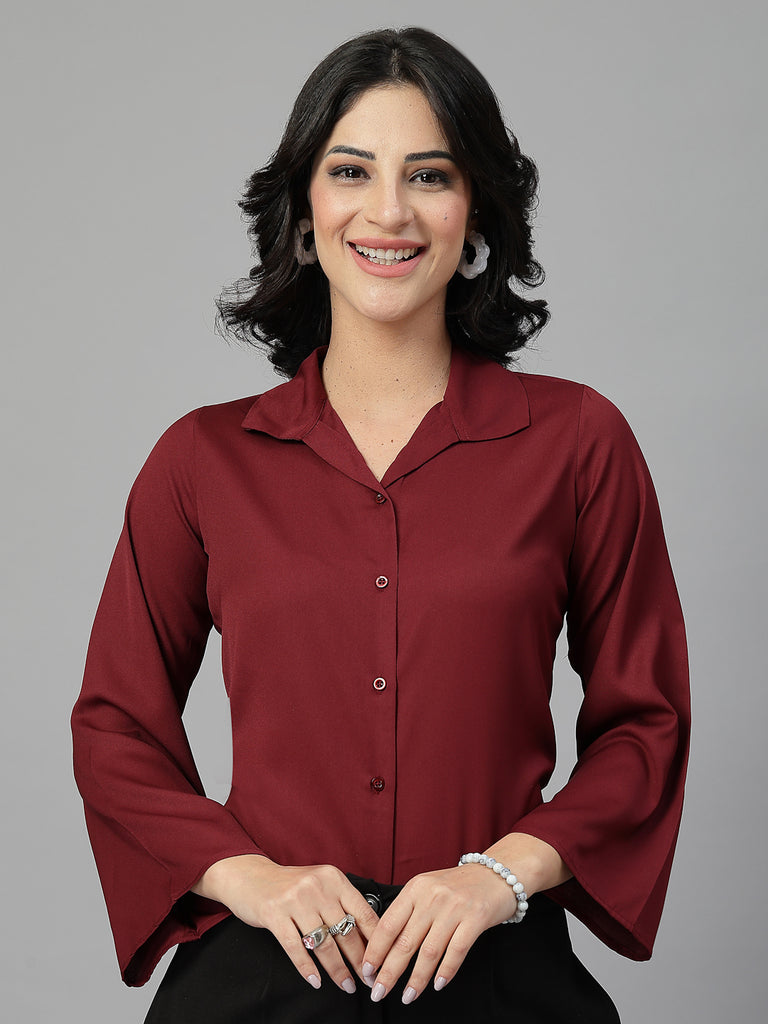 Style Quotient Women Solid Maroon Polymoss Formal Shirt-Shirts-StyleQuotient