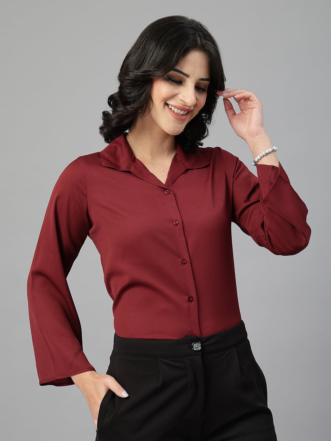 Style Quotient Women Solid Maroon Polymoss Formal Shirt-Shirts-StyleQuotient