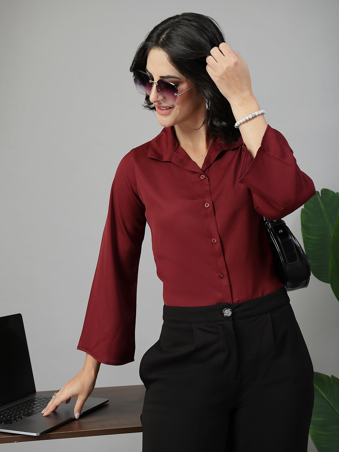 Style Quotient Women Solid Maroon Polymoss Formal Shirt-Shirts-StyleQuotient