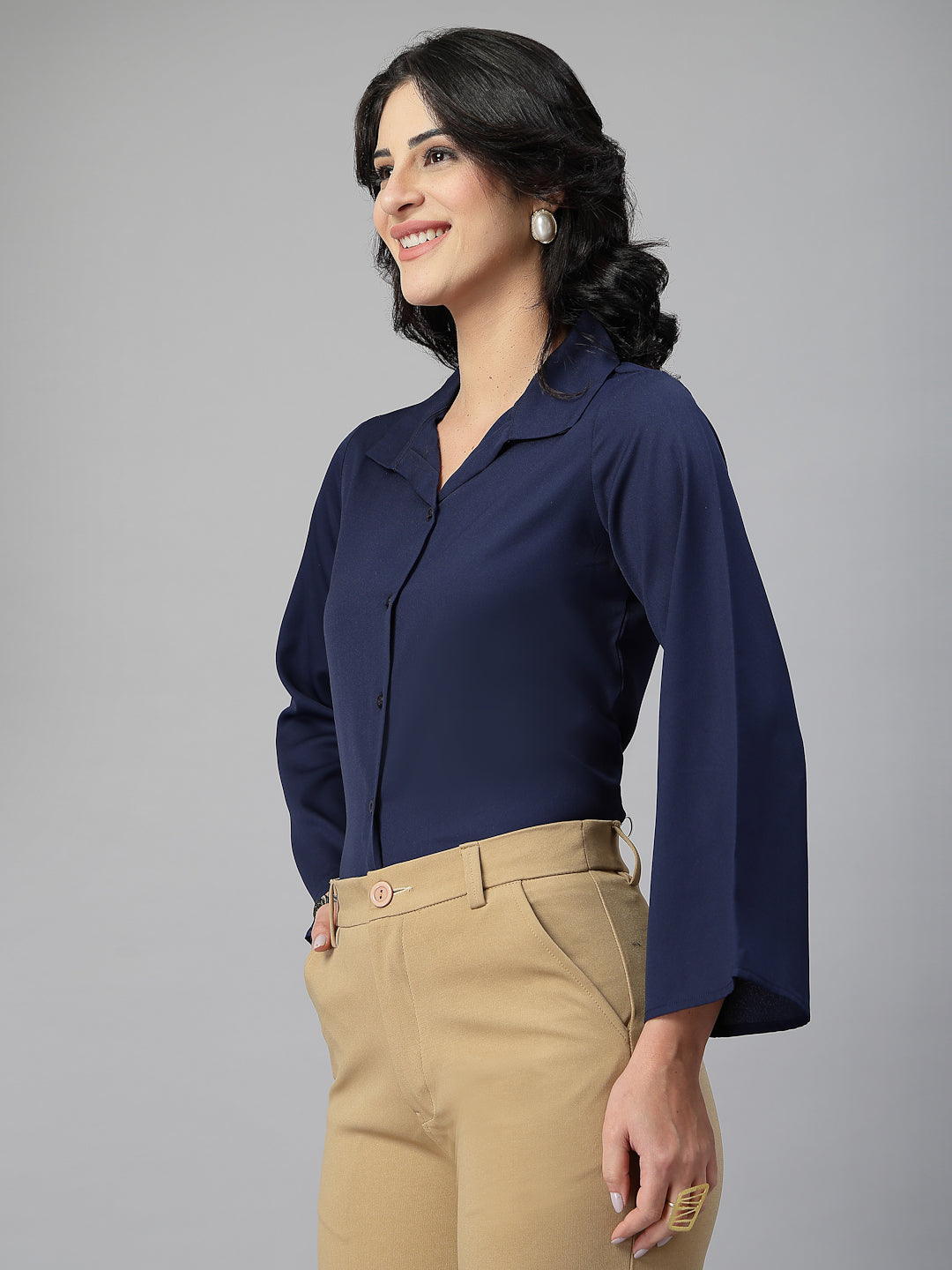 Style Quotient Women Solid Navy Polymoss Formal Shirt-Shirts-StyleQuotient