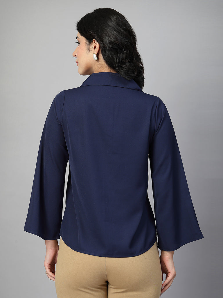 Style Quotient Women Solid Navy Polymoss Formal Shirt-Shirts-StyleQuotient