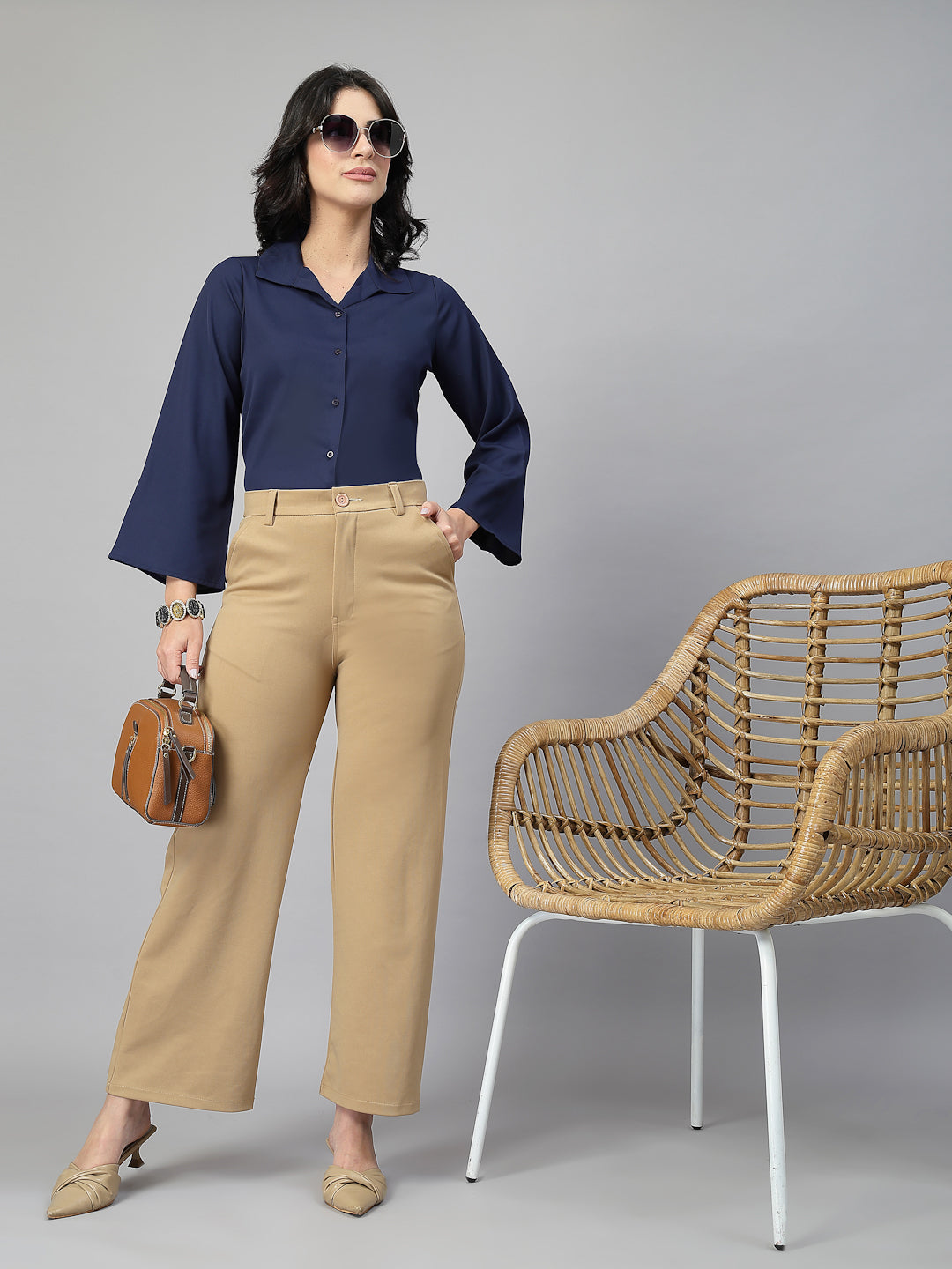 Style Quotient Women Solid Navy Polymoss Formal Shirt-Shirts-StyleQuotient