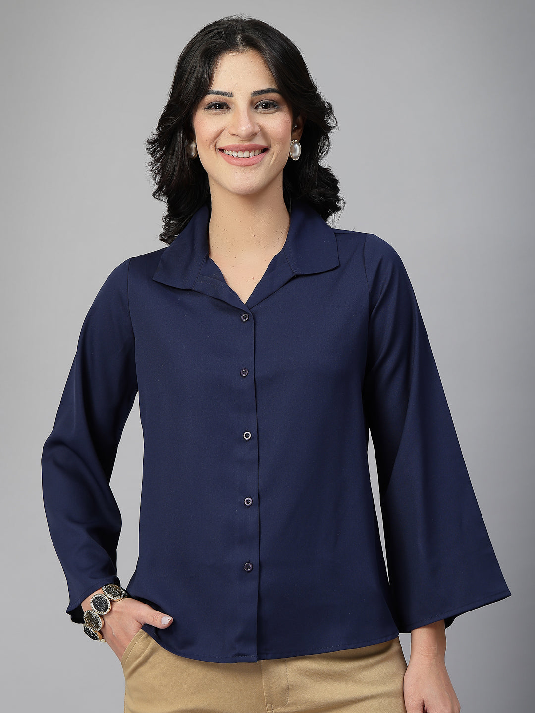Style Quotient Women Solid Navy Polymoss Formal Shirt-Shirts-StyleQuotient