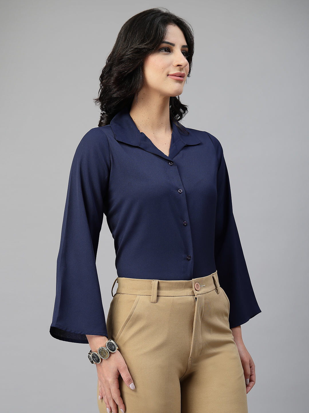 Style Quotient Women Solid Navy Polymoss Formal Shirt-Shirts-StyleQuotient
