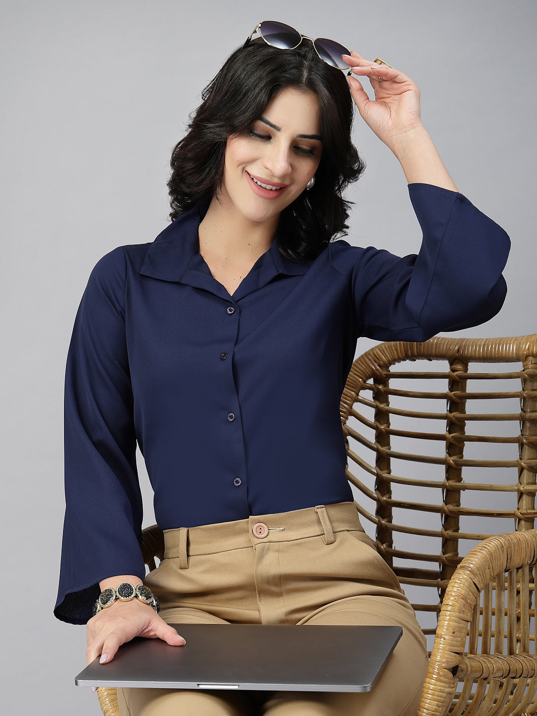 Style Quotient Women Solid Navy Polymoss Formal Shirt-Shirts-StyleQuotient