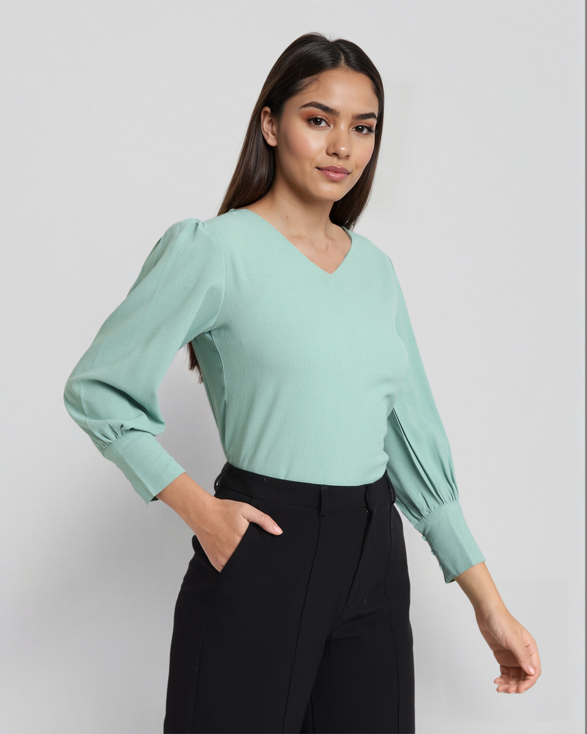 Style Quotient Women Solid Sage Green Formal polyester Top-Tops-StyleQuotient