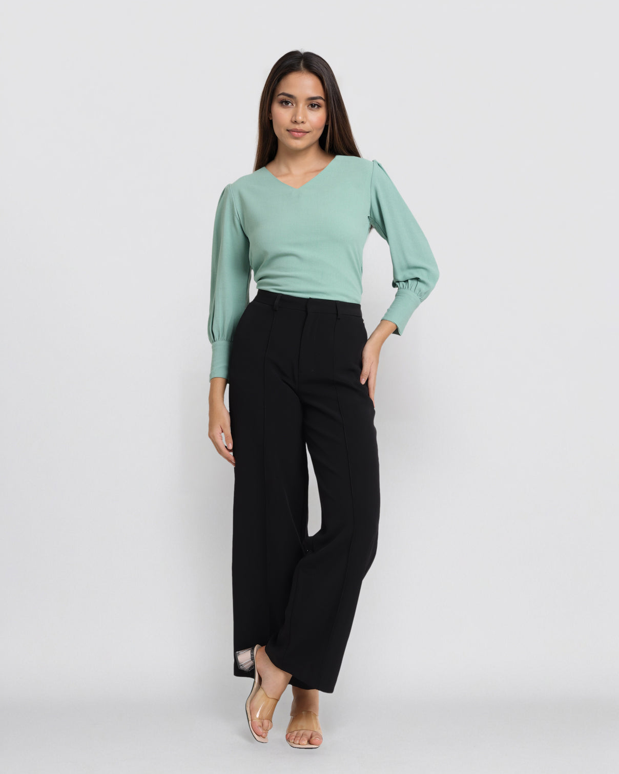 Style Quotient Women Solid Sage Green Formal polyester Top-Tops-StyleQuotient