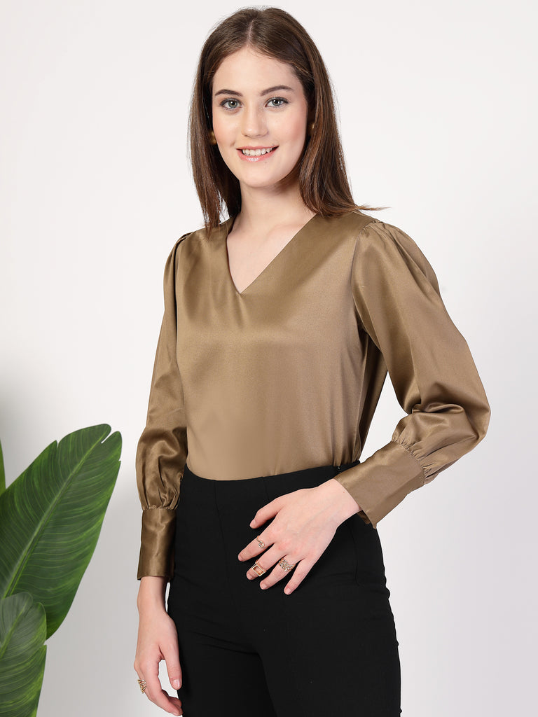Style Quotient Women Bronze Satin Top-Tops-StyleQuotient