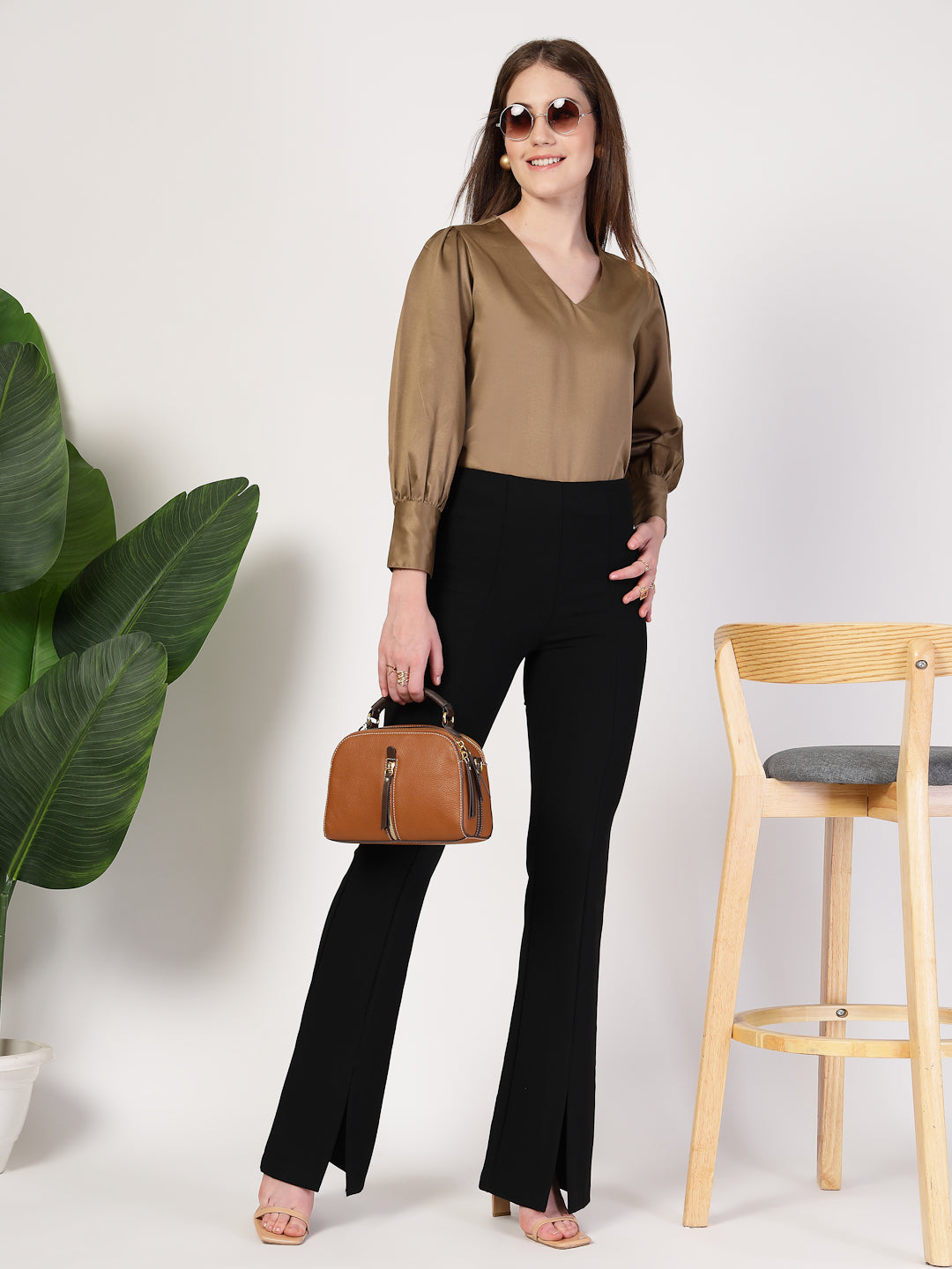 Style Quotient Women Bronze Satin Top-Tops-StyleQuotient
