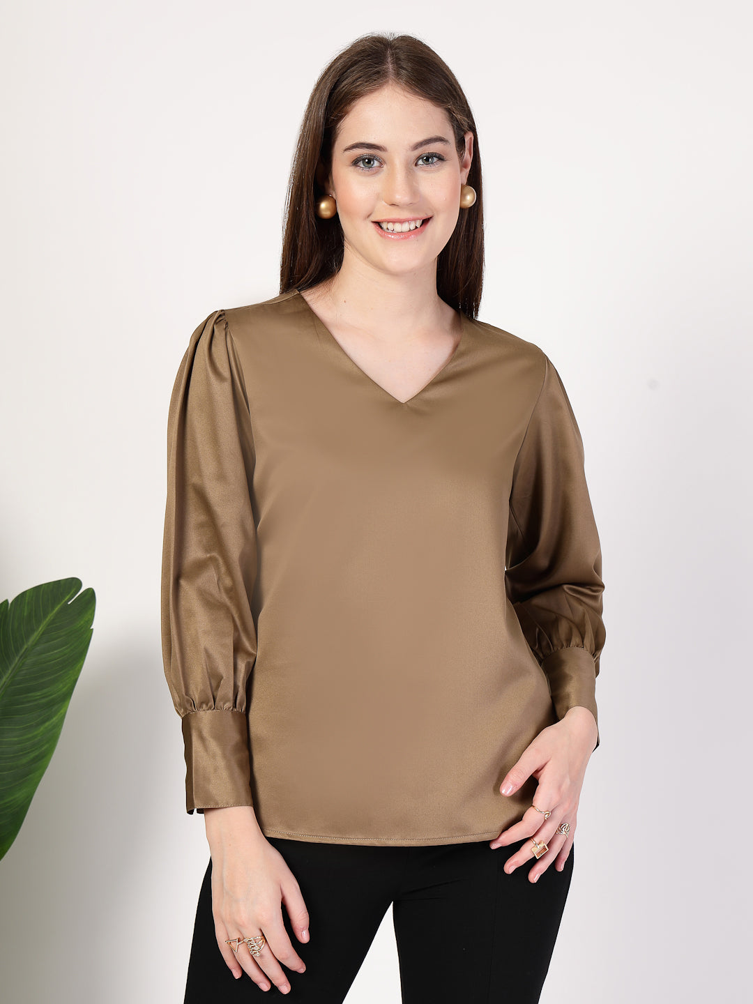 Style Quotient Women Bronze Satin Top-Tops-StyleQuotient