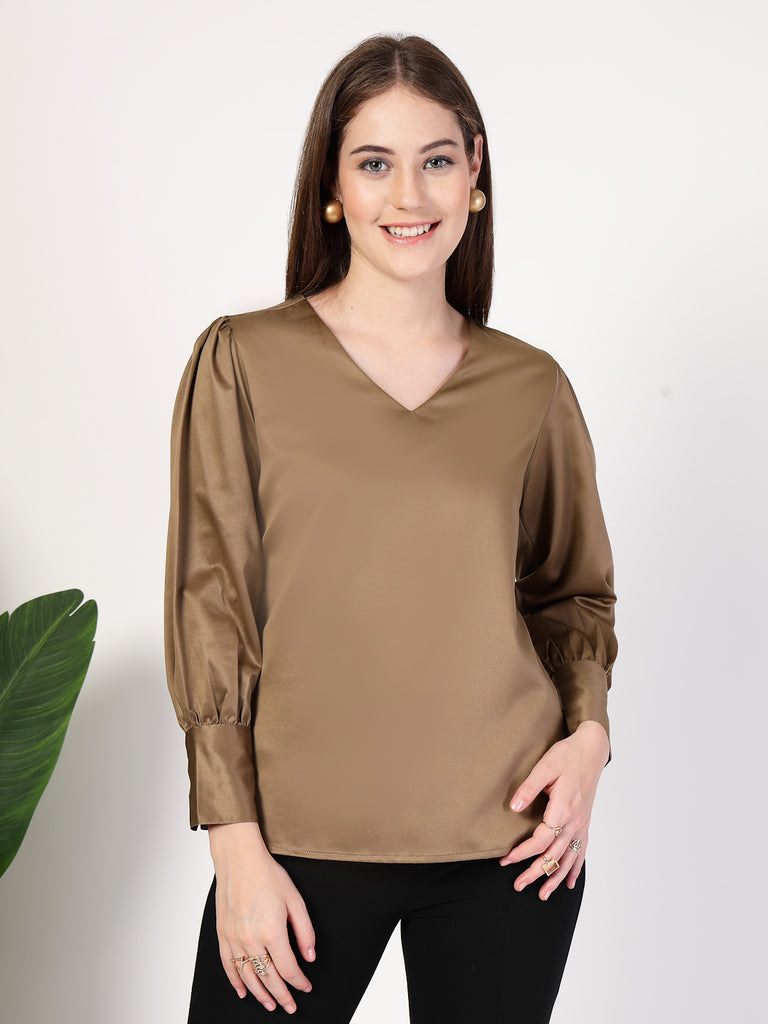 Style Quotient Women Bronze Satin Top-Tops-StyleQuotient