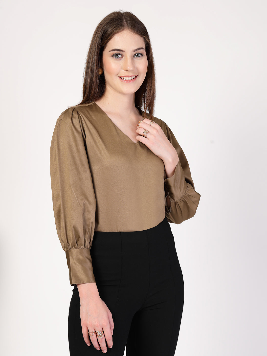 Style Quotient Women Bronze Satin Top-Tops-StyleQuotient