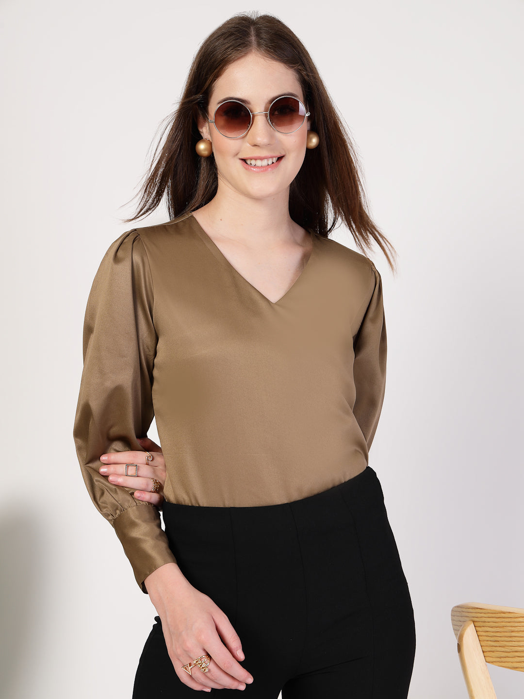 Style Quotient Women Bronze Satin Top-Tops-StyleQuotient