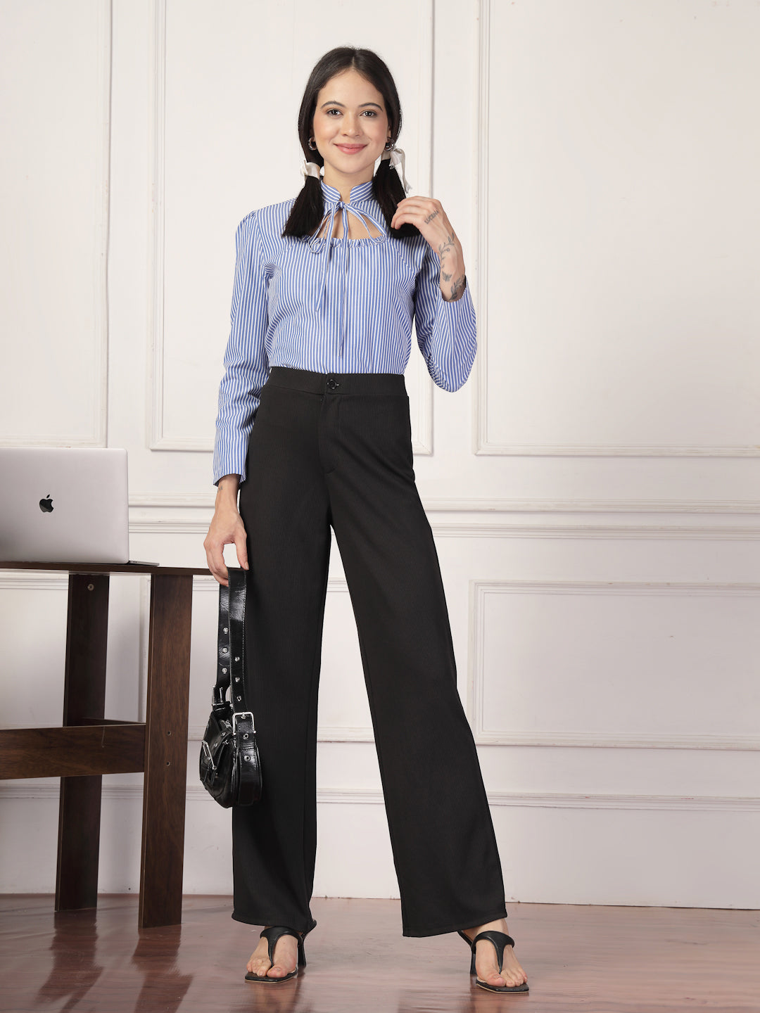 Style Quotient Women Blue White Formal Top-Tops-StyleQuotient
