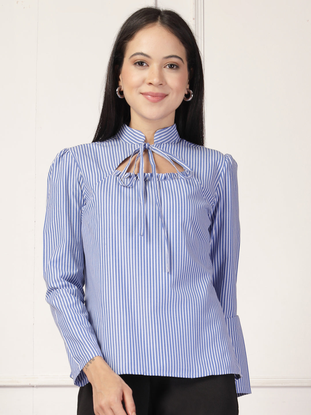 Style Quotient Women Blue White Formal Top-Tops-StyleQuotient
