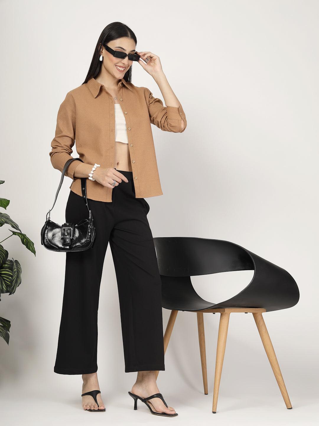 Style Quotient Women Solid Tan Polycotton Formal Shirt-Shirts-StyleQuotient