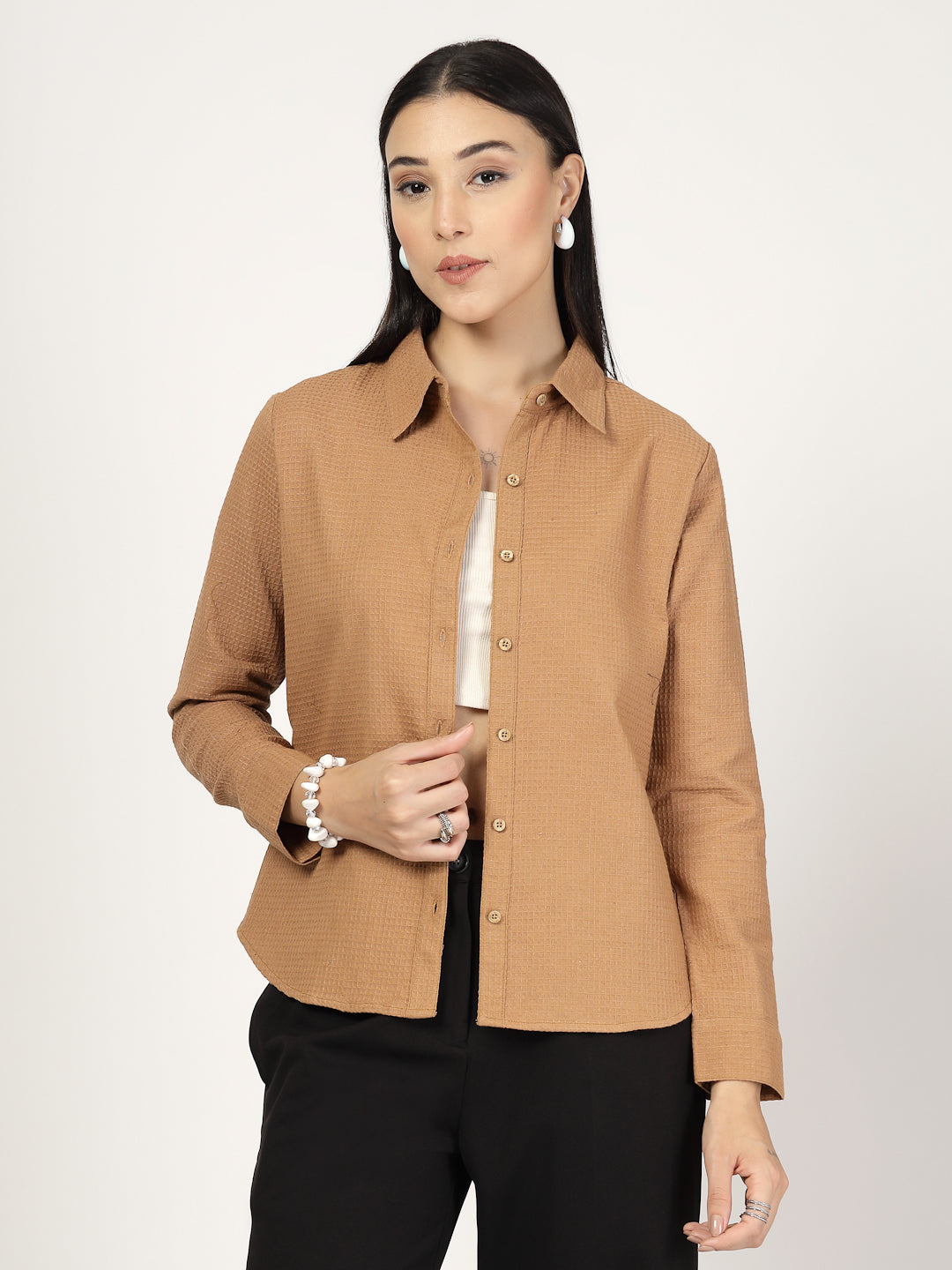 Style Quotient Women Solid Tan Polycotton Formal Shirt-Shirts-StyleQuotient