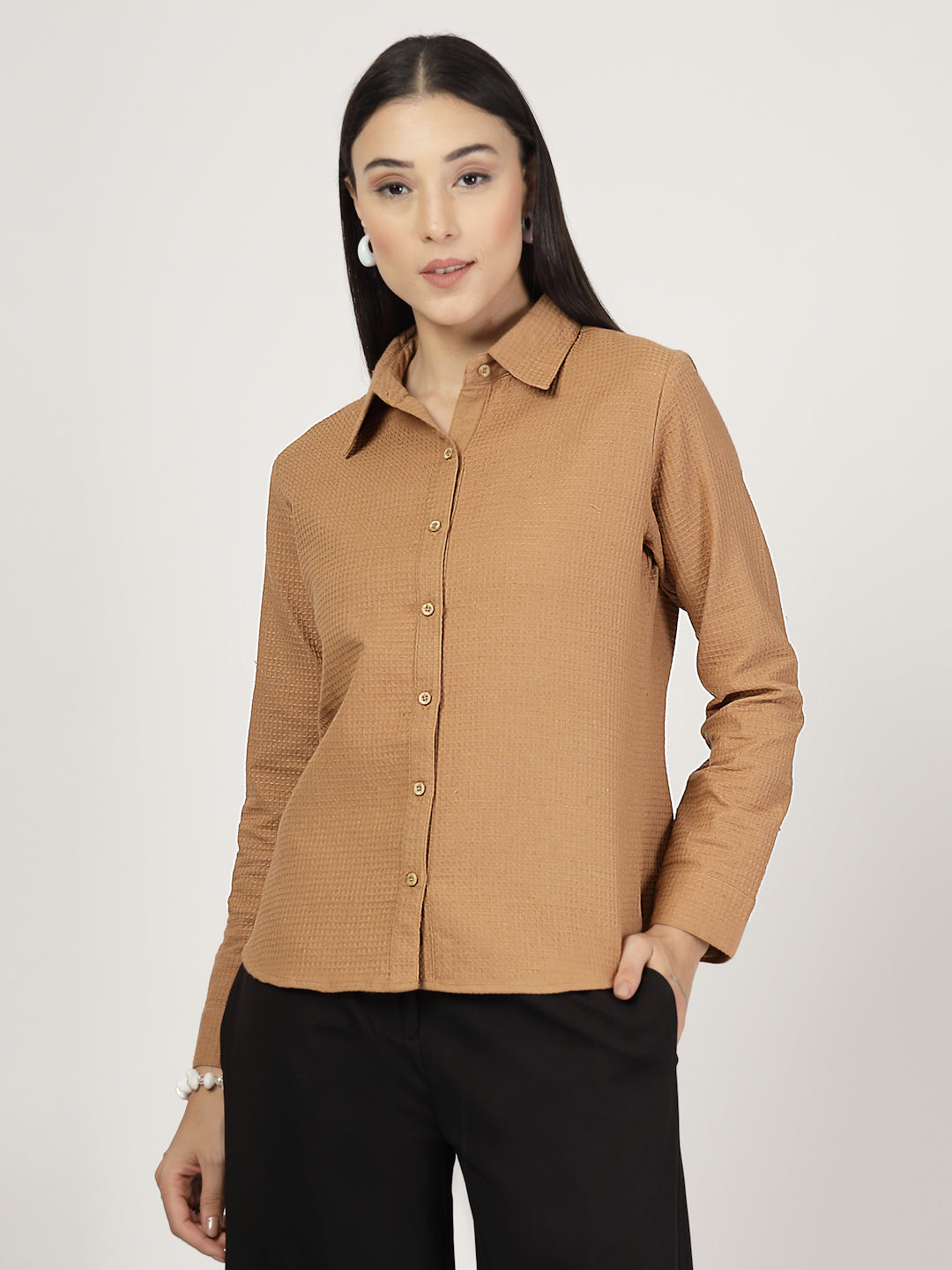 Style Quotient Women Solid Tan Polycotton Formal Shirt-Shirts-StyleQuotient