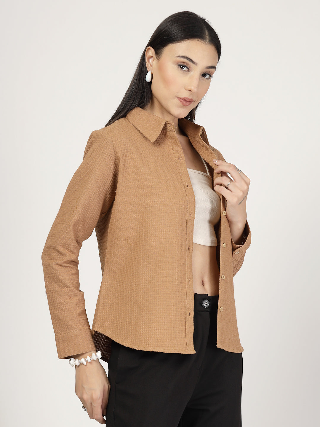 Style Quotient Women Solid Tan Polycotton Formal Shirt-Shirts-StyleQuotient