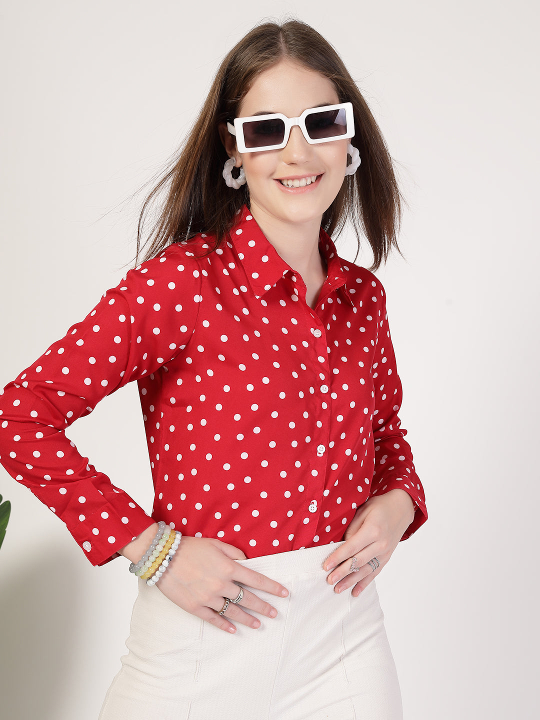 Style Quotient Women Red White Printed Semi Formal Polyester Shirt-Shirts-StyleQuotient