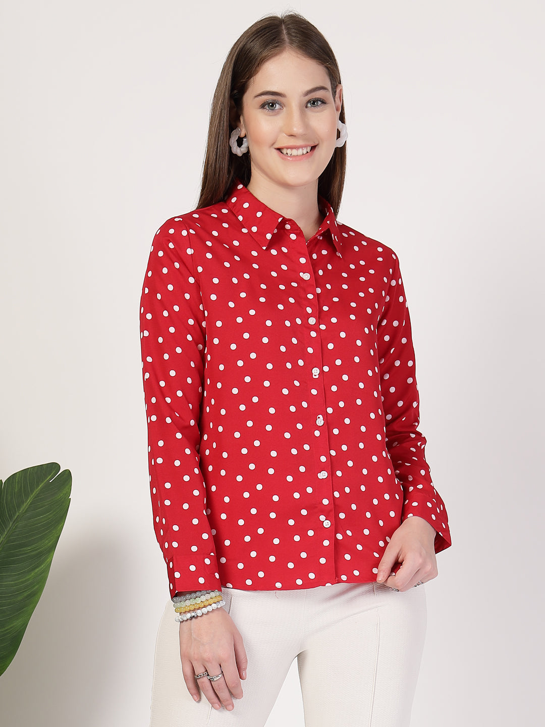 Style Quotient Women Red White Printed Semi Formal Polyester Shirt-Shirts-StyleQuotient