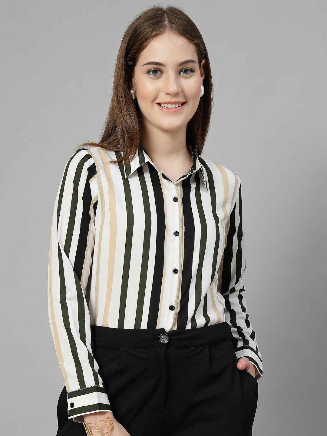 Style Quotient Women White Multi Stripe Printed Semi Formal Polyester Shirt-Shirts-StyleQuotient