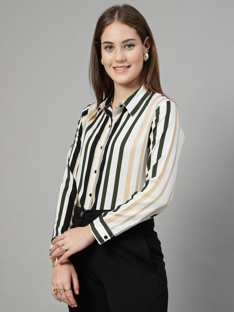 Style Quotient Women White Multi Stripe Printed Semi Formal Polyester Shirt-Shirts-StyleQuotient