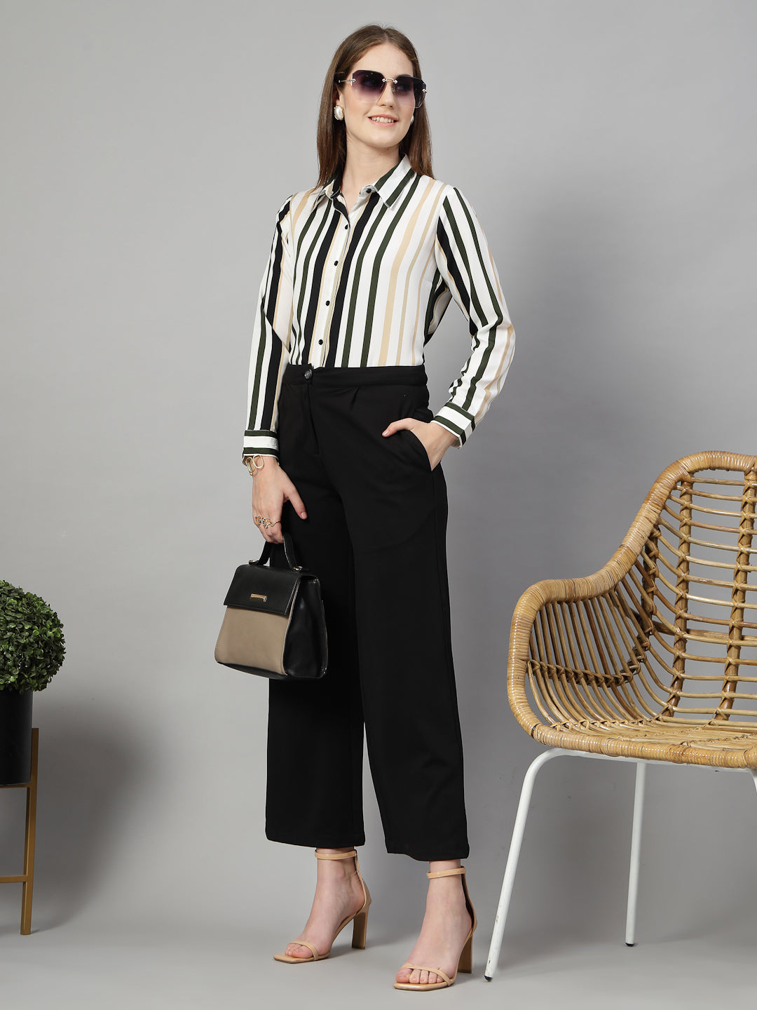 Style Quotient Women White Multi Stripe Printed Semi Formal Polyester Shirt-Shirts-StyleQuotient