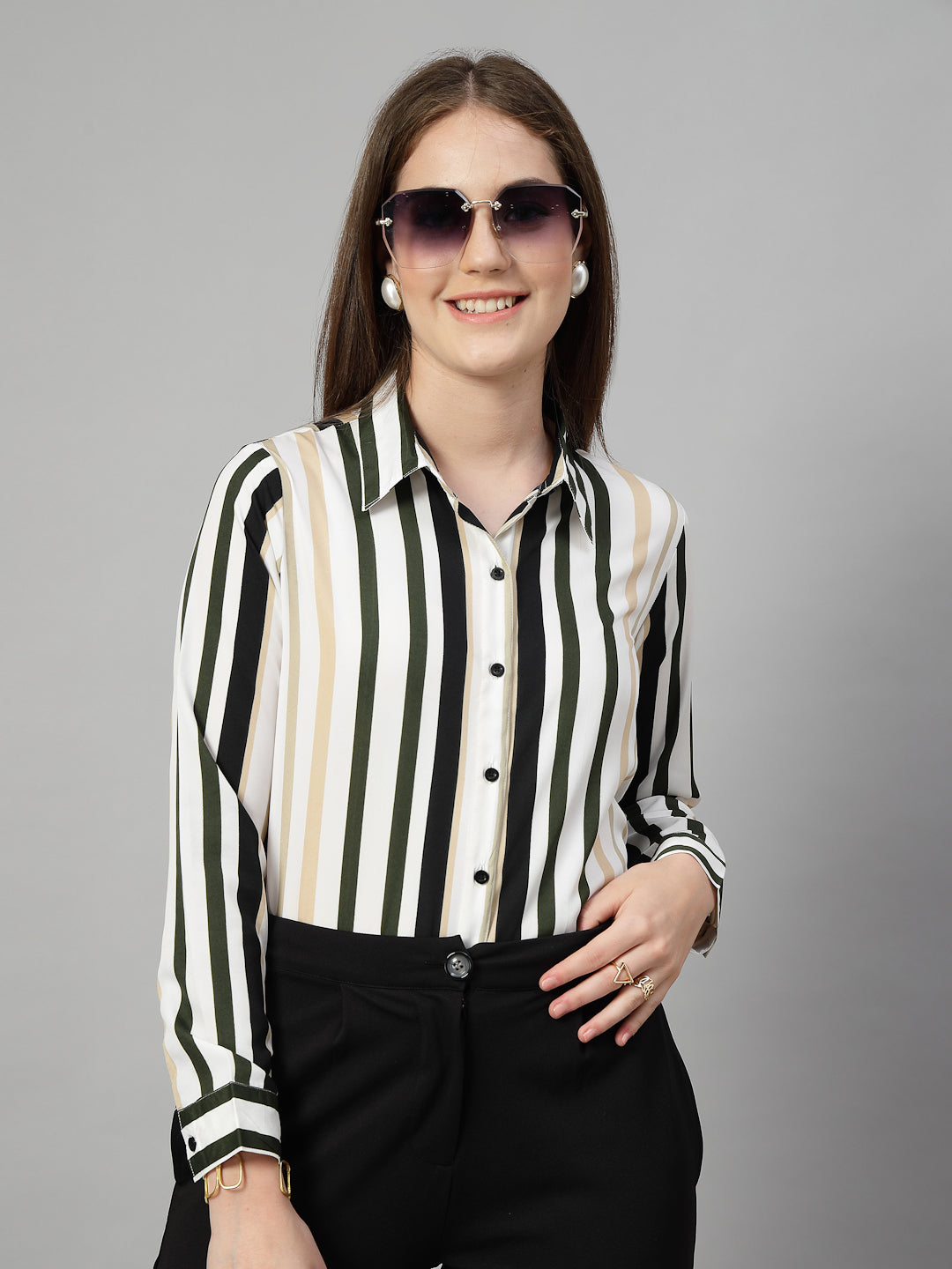 Style Quotient Women White Multi Stripe Printed Semi Formal Polyester Shirt-Shirts-StyleQuotient
