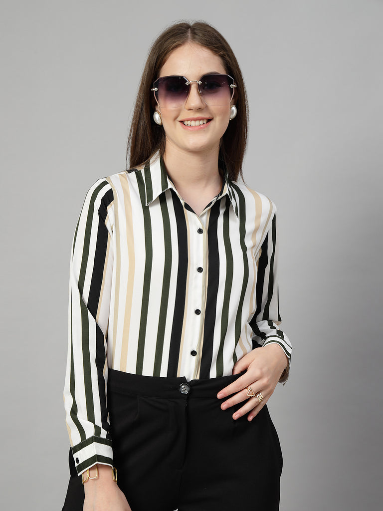 Style Quotient Women White Multi Stripe Printed Semi Formal Polyester Shirt-Shirts-StyleQuotient
