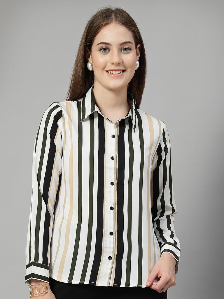 Style Quotient Women White Multi Stripe Printed Semi Formal Polyester Shirt-Shirts-StyleQuotient