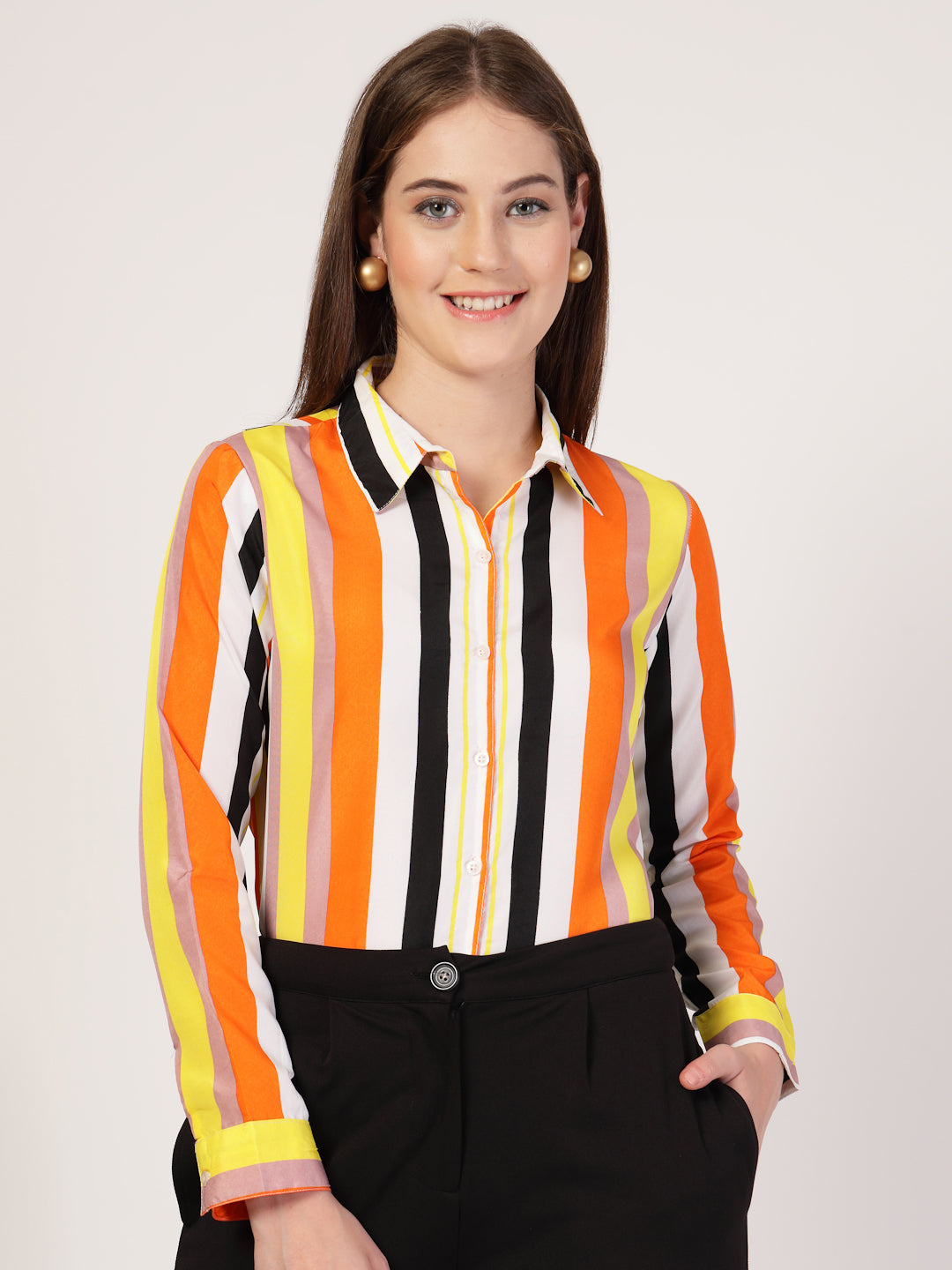 Style Quotient Women Orange Multi Stripe Printed Semi Formal Polyester Shirt-Shirts-StyleQuotient