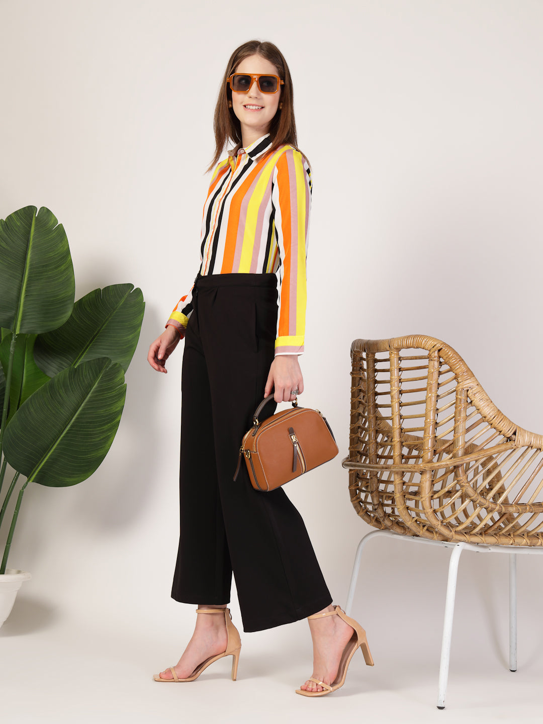 Style Quotient Women Orange Multi Stripe Printed Semi Formal Polyester Shirt-Shirts-StyleQuotient