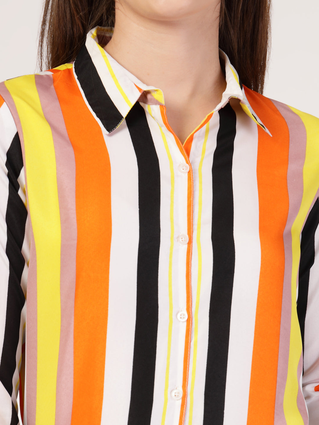 Style Quotient Women Orange Multi Stripe Printed Semi Formal Polyester Shirt-Shirts-StyleQuotient