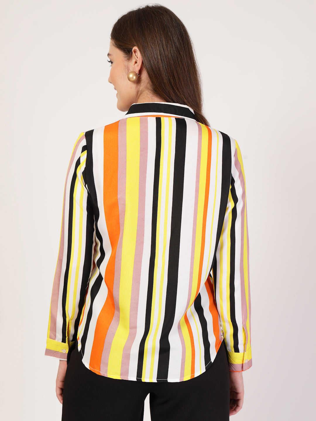 Style Quotient Women Orange Multi Stripe Printed Semi Formal Polyester Shirt-Shirts-StyleQuotient