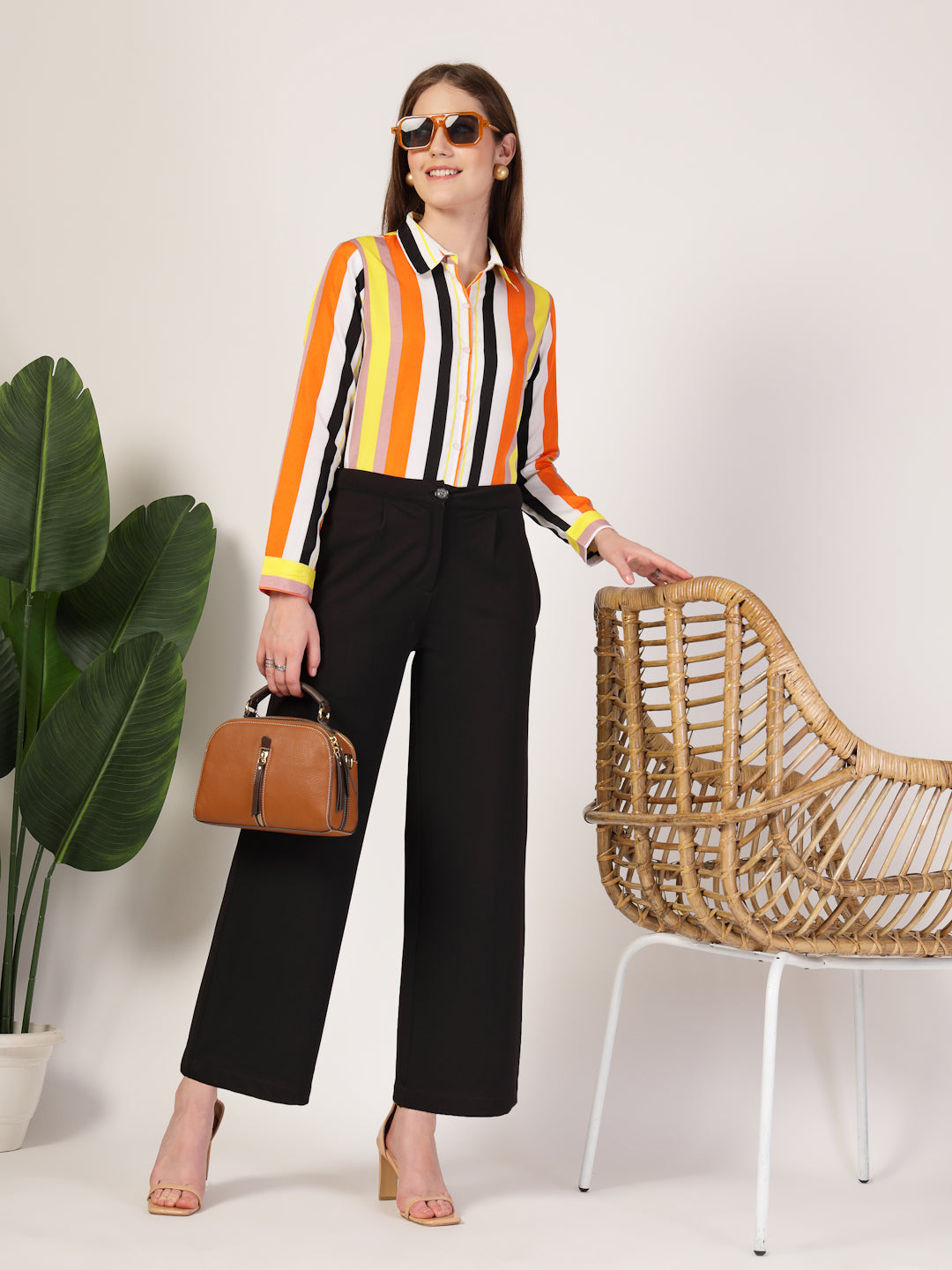Style Quotient Women Orange Multi Stripe Printed Semi Formal Polyester Shirt-Shirts-StyleQuotient